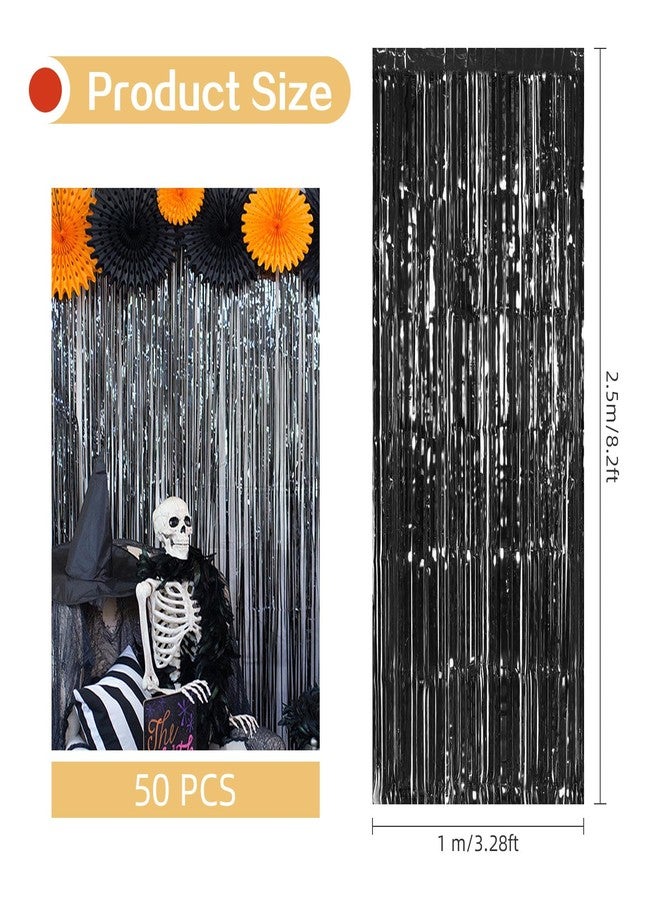 Ohiyoo Black Foil Fringe Curtains 50 Pack 3.2ft x 8.2ft Fringe Backdrop Curtains Metallic Tinsel Streamer Photo Backdrop for Birthday Party Decorations Halloween Christmas Party Supply (Black) - Image 3